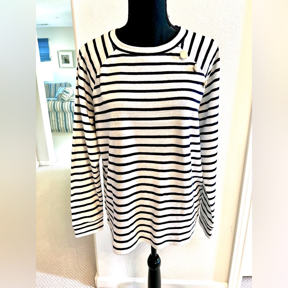Loft Size M French striped black and cream long sleeved top w gold buttons NWT